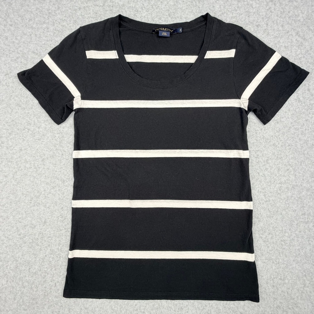 Pendleton Womens Small Black White Striped Scoop Neck Short Sleeve T-Shirt